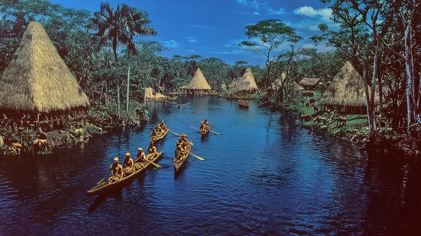 Aldea con chozas de techo de paja a ambas orillas de un río, varias canoas de madera con remeros navegando en fila, rodeada de selva tropical bajo un cielo nublado.