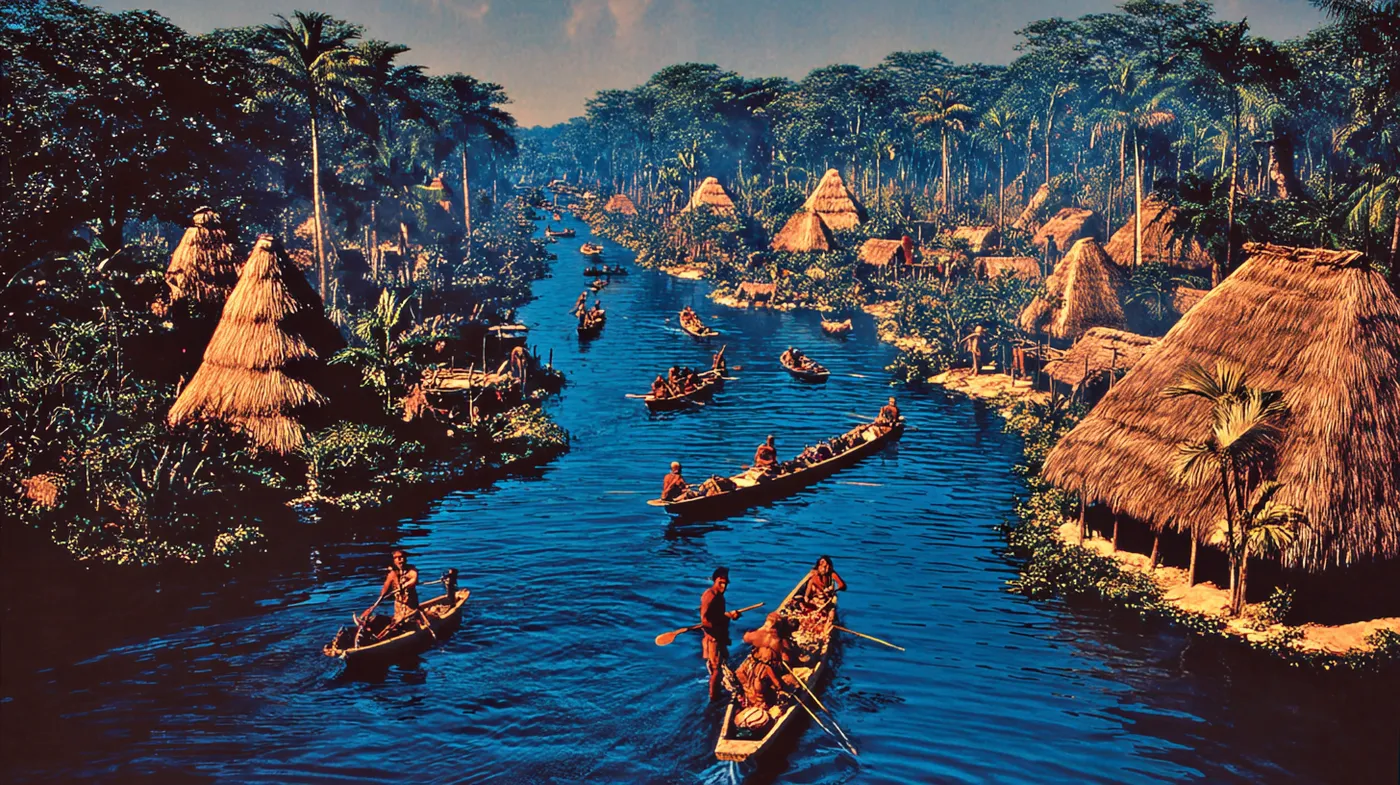 Aldea con chozas de techo cónico de paja a ambos lados de un río, con numerosas canoas de madera con remeros convergiendo hacia el centro, rodeada de palmeras y selva tropical densa, en colores vivos.