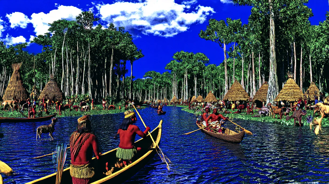 Vista de una aldea de chozas de techo de paja a lo largo de un río sinuoso, con varias canoas de madera, rodeada de selva tropical densa bajo un cielo azul con nubes.