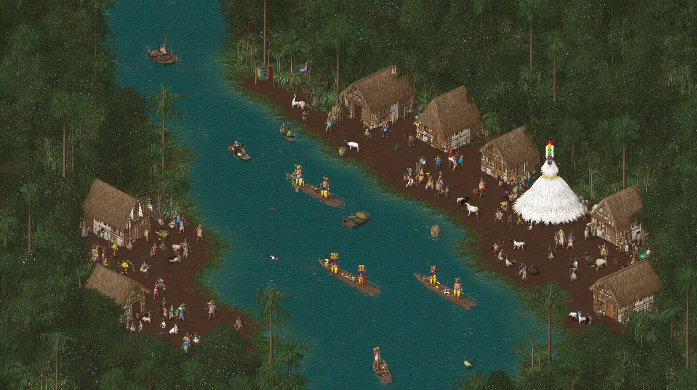 Vista isométrica en estilo de pixel art de una aldea junto a un río, con chozas de techo marrón, una gran estructura cónica blanca, personas diminutas vestidas de blanco y canoas.