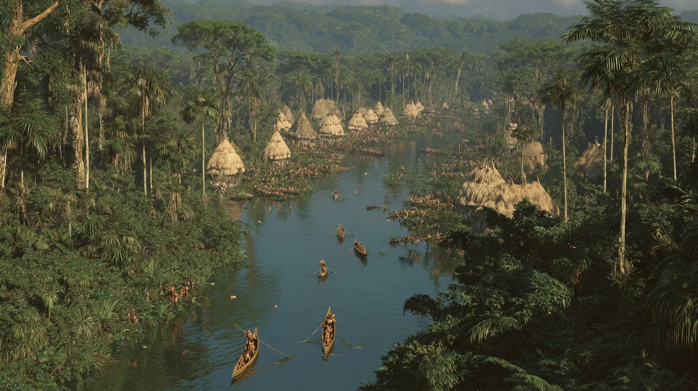 Vista aérea de una selva densa con chozas de techo de paja dispersas entre los árboles junto a un río, bajo una atmósfera con neblina.