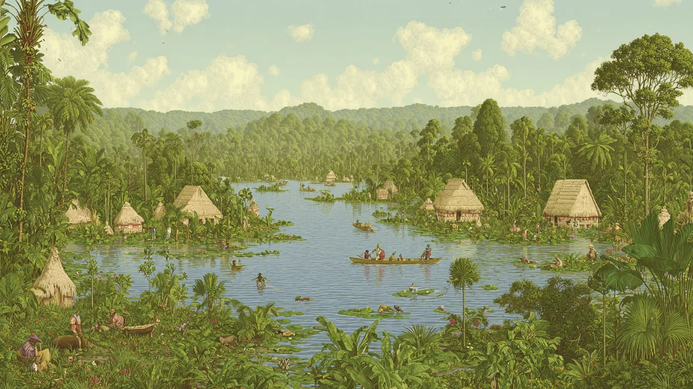 Vista de una laguna verde rodeada de chozas de techo de paja y selva tropical, con canoas de madera, nenúfares en el agua y cielo despejado con nubes.