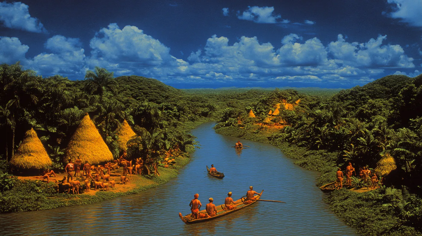 Vista panorámica de una aldea de chozas con techo de paja junto a un río sinuoso, con una canoa con varios pasajeros en primer plano, selva verde y cielo azul con nubes.