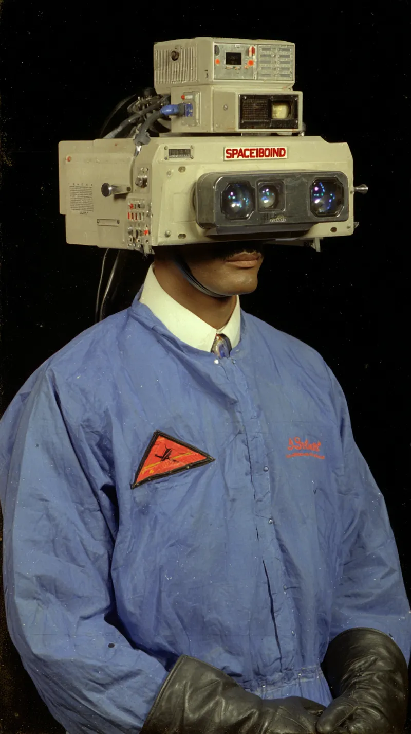 Hombre con traje azul de mangas largas y guantes negros de hule, con un aparatoso casco de realidad virtual compuesto por cajas metálicas, diales y cables, sobre fondo negro.