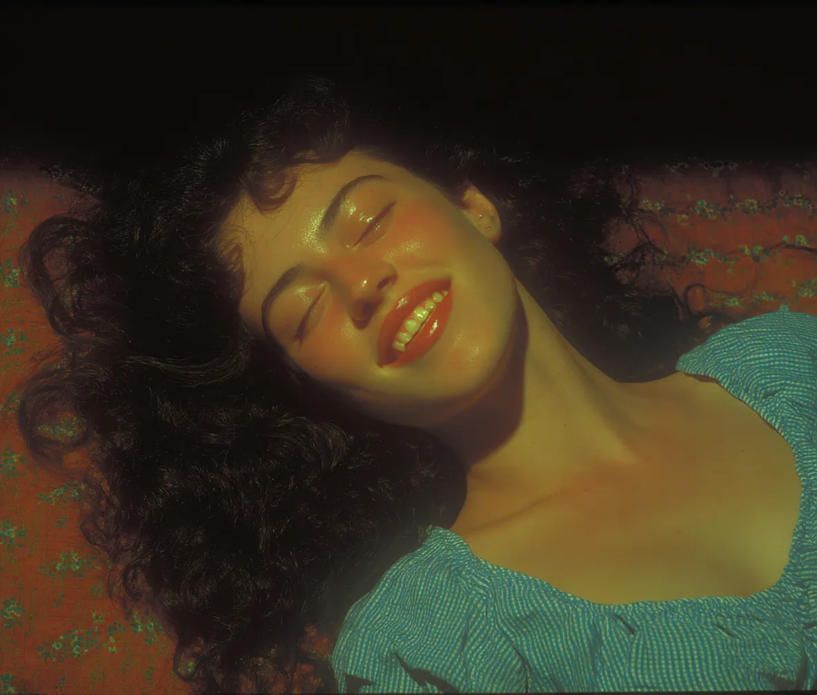Mujer de cabello oscuro y rizado recostada boca arriba con los ojos cerrados y una amplia sonrisa, iluminada por una luz dorada, con un top verde a cuadros y fondo rojo con textura floral.