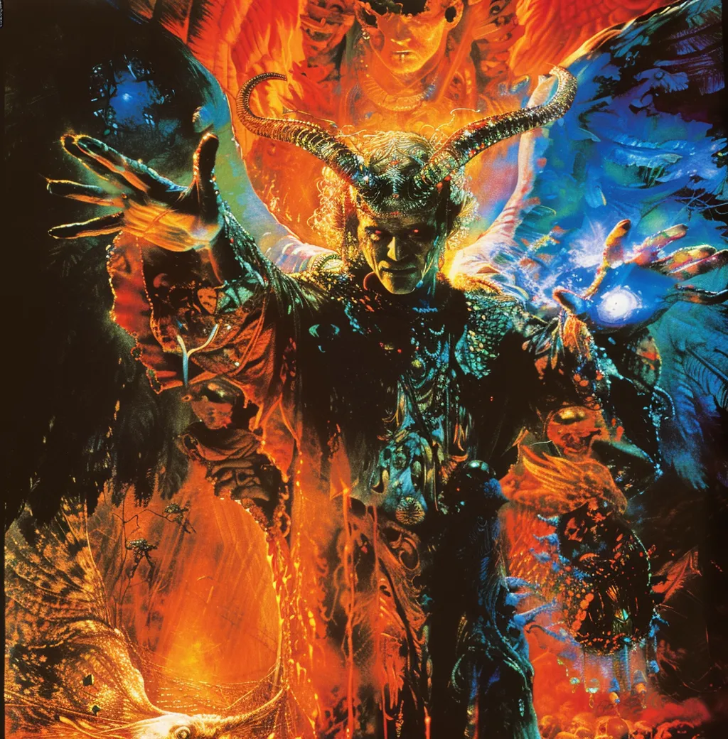 Figura con cuernos y brazos extendidos rodeada de llamas anaranjadas de un lado y de una luz azul helada del otro, con figuras más pequeñas alrededor, en una ilustración de fantasía oscura.