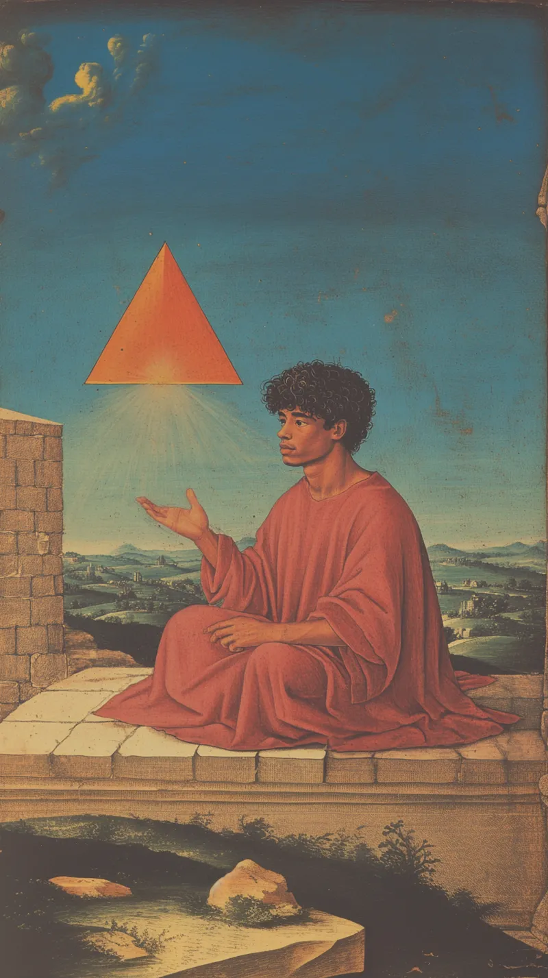 Joven de cabello rizado y túnica roja sentado sobre un muro de piedra, con la mano extendida hacia un triángulo anaranjado brillante que flota en el cielo, con un paisaje de colinas al fondo.