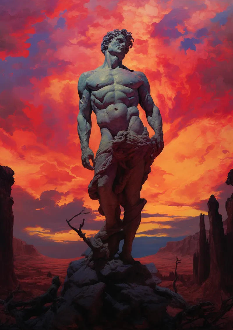 Estatua de un hombre desnudo, de piedra azulada, erguida sobre una roca en un desierto, recortada contra un cielo de nubes rojas y naranjas.