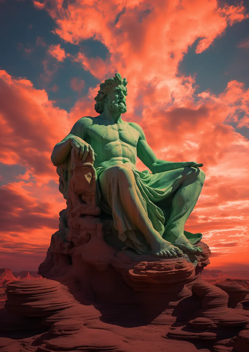 Estatua de bronce verde de una figura masculina barbada y musculosa, sentada sobre un trono de piedra en un peñasco rocoso, bajo un cielo de nubes anaranjadas y rosadas al atardecer.