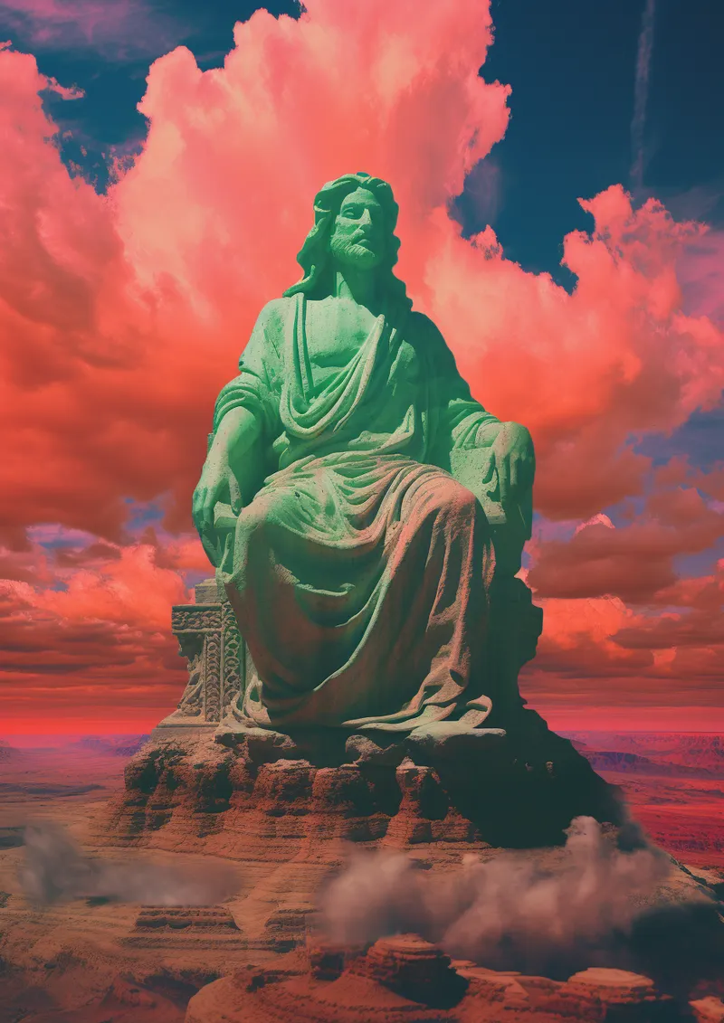Estatua de piedra verde de una figura barbada sentada sobre un pedestal tallado en la cima de una montaña rocosa cubierta de niebla, bajo un cielo de nubes rosadas y rojas.