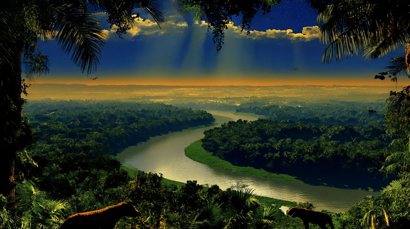 Vista panorámica de un río serpenteante entre la selva amazónica densa, enmarcada por hojas de palma oscuras en las esquinas superiores, con haces de luz dorada cayendo sobre el horizonte.