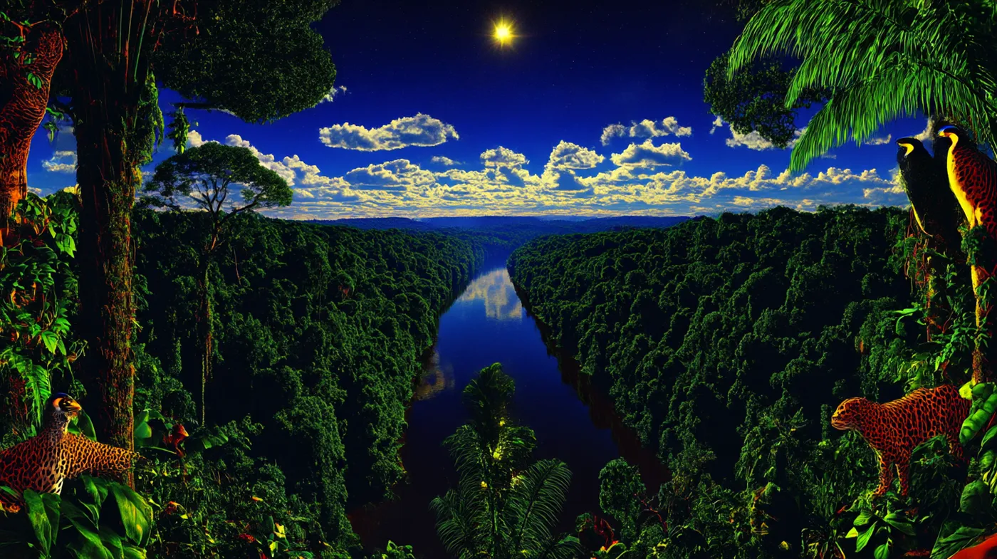 Vista panorámica nocturna de un río entre la selva amazónica bajo una luna llena y un cielo azul oscuro con nubes, con dos felinos manchados apostados en las esquinas inferiores del primer plano.