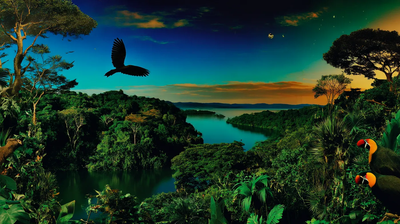 Vista panorámica de un río entre la selva amazónica al atardecer, con un ave negra volando en primer plano y dos tucanes posados en una rama a la derecha, bajo un cielo anaranjado.