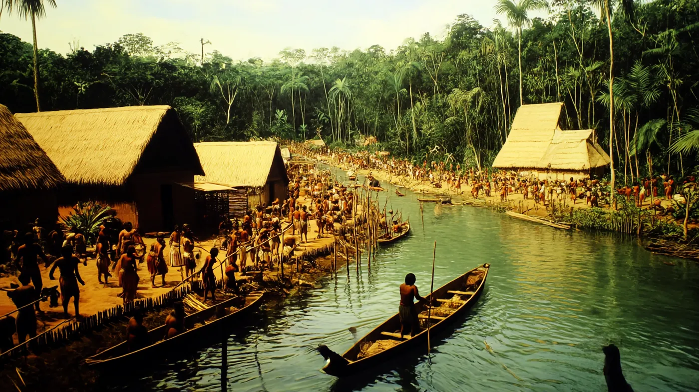 Escena de una aldea junto a un río verde con una gran multitud de personas reunidas frente a chozas de paja, un hombre remando en canoa en primer plano, bajo una luz dorada de atardecer.