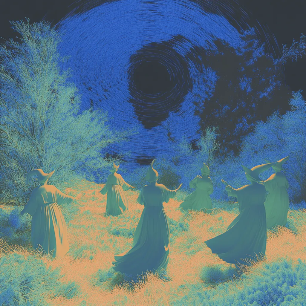 Grupo de figuras con túnicas verdiazules y tocados con cuernos bailando en círculo sobre pasto anaranjado, bajo un gran remolino azul oscuro que gira en el cielo nocturno.