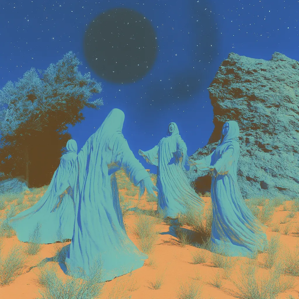 Varias figuras envueltas en túnicas blancas caminan por el desierto con las manos extendidas entre sí, bajo un cielo estrellado con una forma circular oscura y una gran roca a un lado.