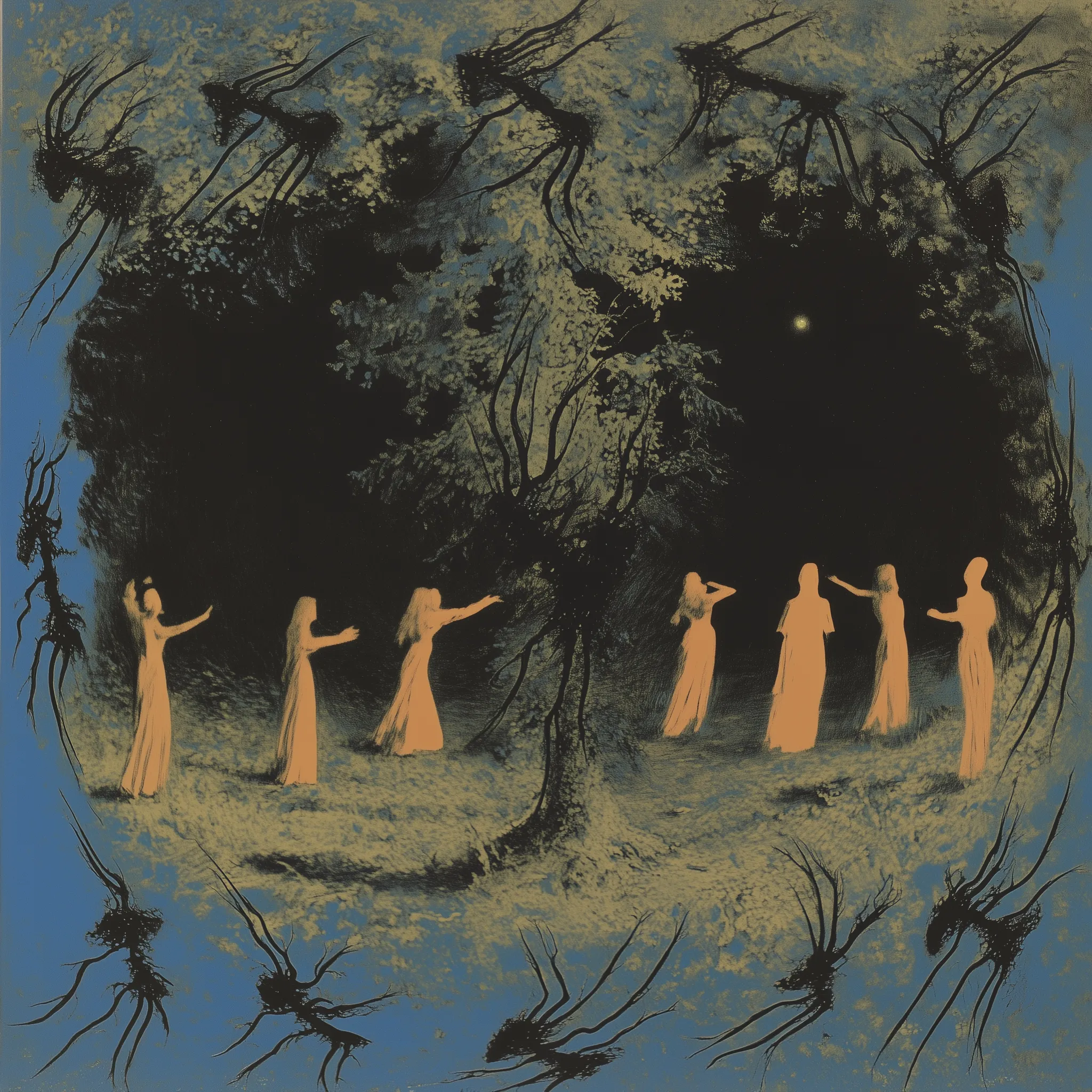 Ilustración de varias figuras con túnicas largas reunidas en un claro circular rodeado de árboles oscuros y retorcidos con follaje pálido, bajo un cielo nocturno con una sola estrella visible.