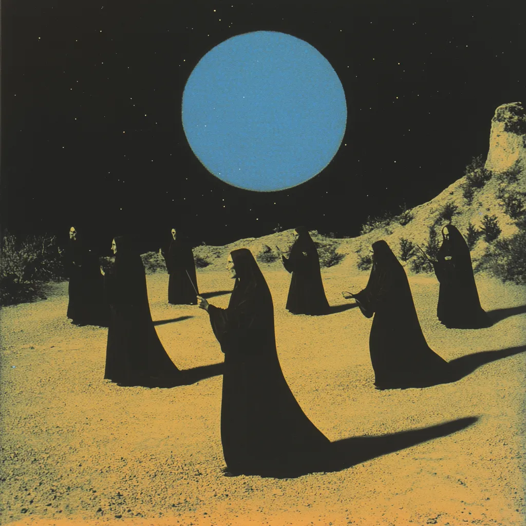 Grupo de figuras con túnicas y capuchas negras caminando en fila sobre dunas de arena anaranjada, bajo un gran círculo azul pálido en un cielo oscuro y estrellado, con una roca a la derecha.