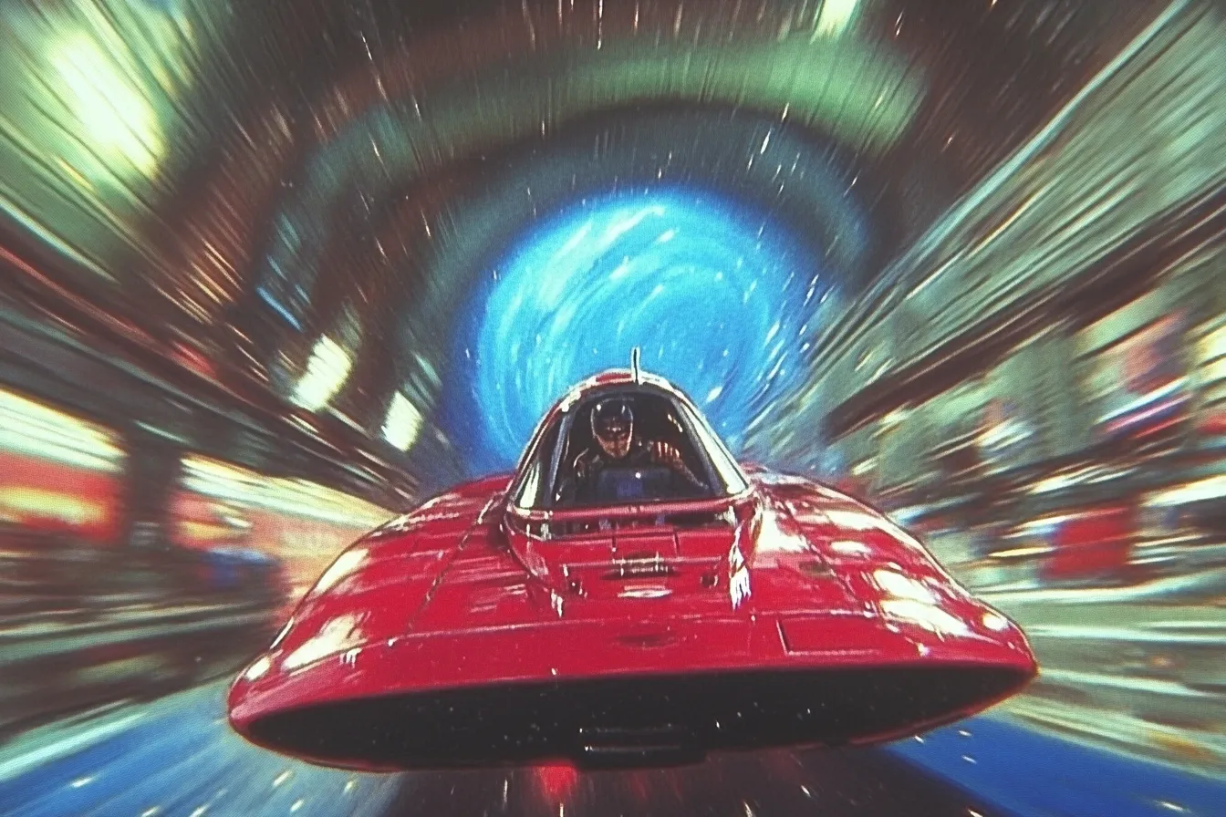 Vehículo rojo en forma de nave con un piloto visible en la cabina, atravesando a toda velocidad un túnel espiral azul con estelas de luz y desenfoque de movimiento.