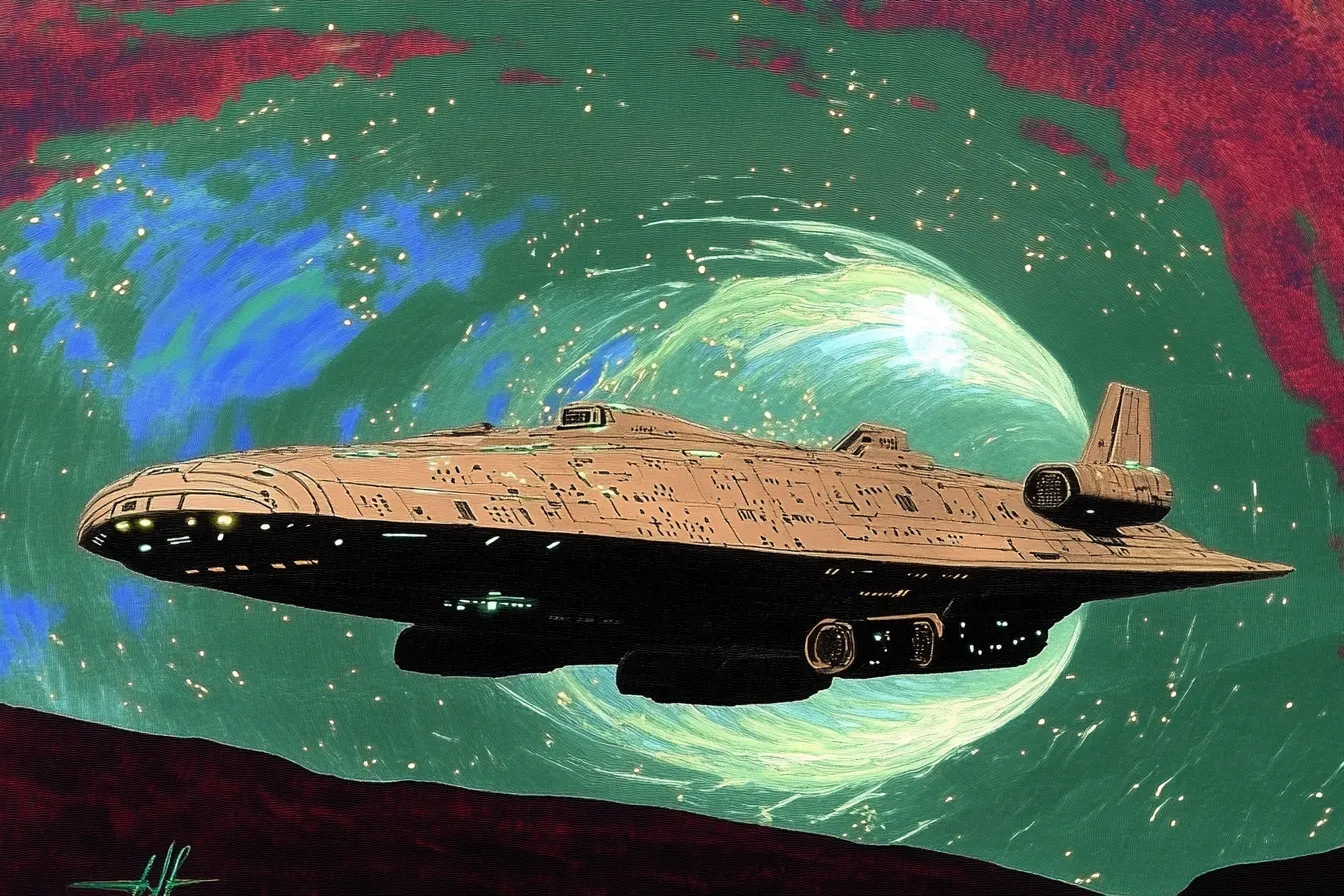 Ilustración de una nave espacial alargada de color beige volando sobre un terreno rocoso rojizo, dirigiéndose hacia un portal luminoso en un cielo verde con estrellas.