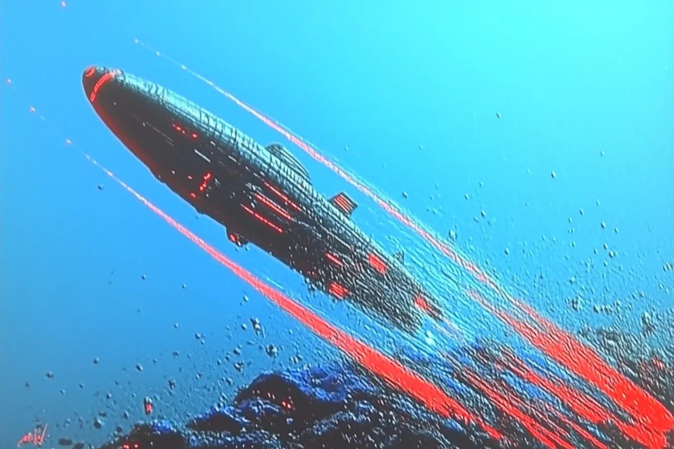 Nave espacial oscura descendiendo en picada con varias estelas de luz roja detrás, sobre un fondo azul con gotas de agua visibles en primer plano.