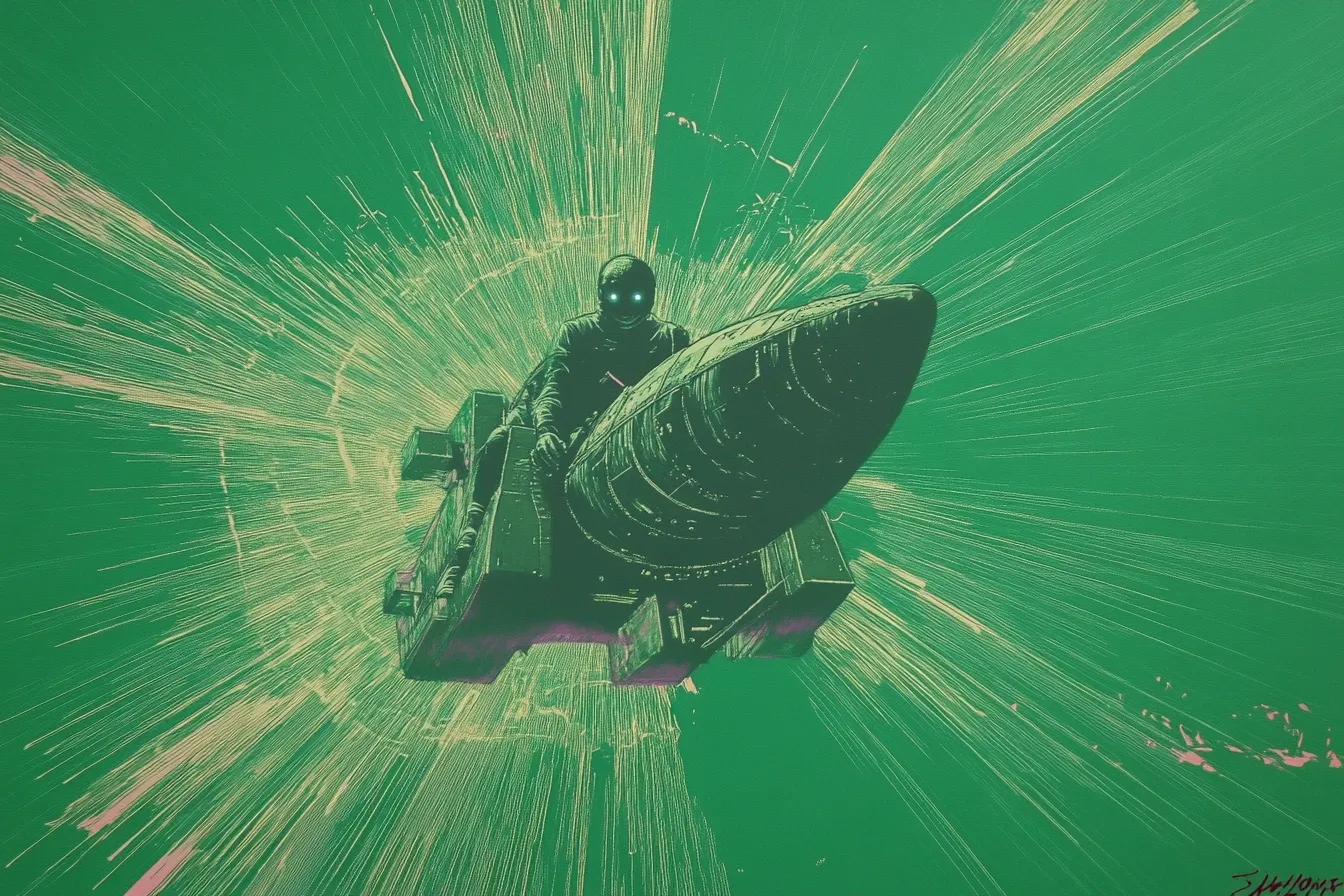Persona con casco montada sobre un vehículo con forma de torpedo, en medio de una explosión de partículas verdes y blancas que se dispersan en todas direcciones.