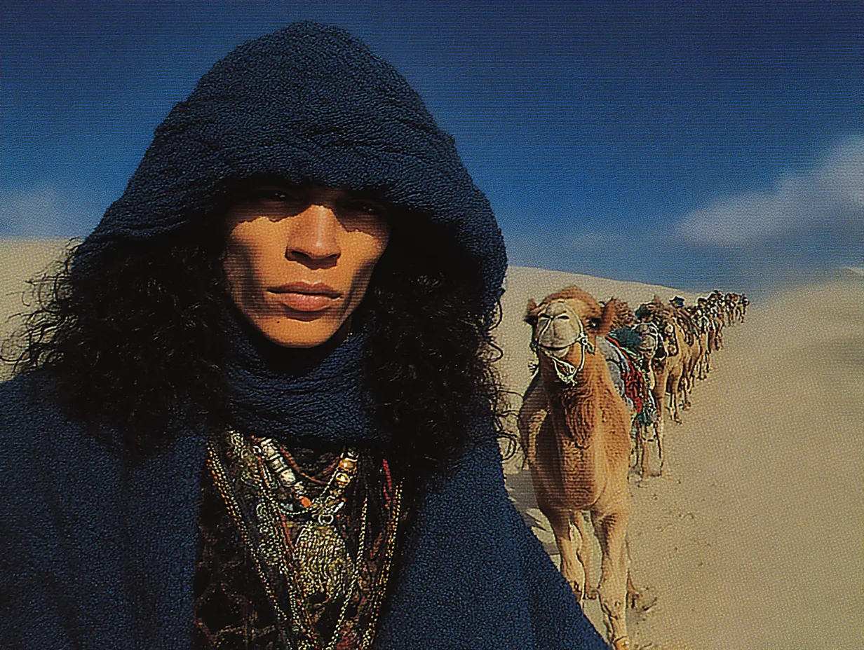 Retrato de una persona con capucha azul oscuro y varios collares superpuestos, mirando de frente, con una fila de camellos caminando desenfocada en las dunas del desierto detrás, bajo un cielo azul.