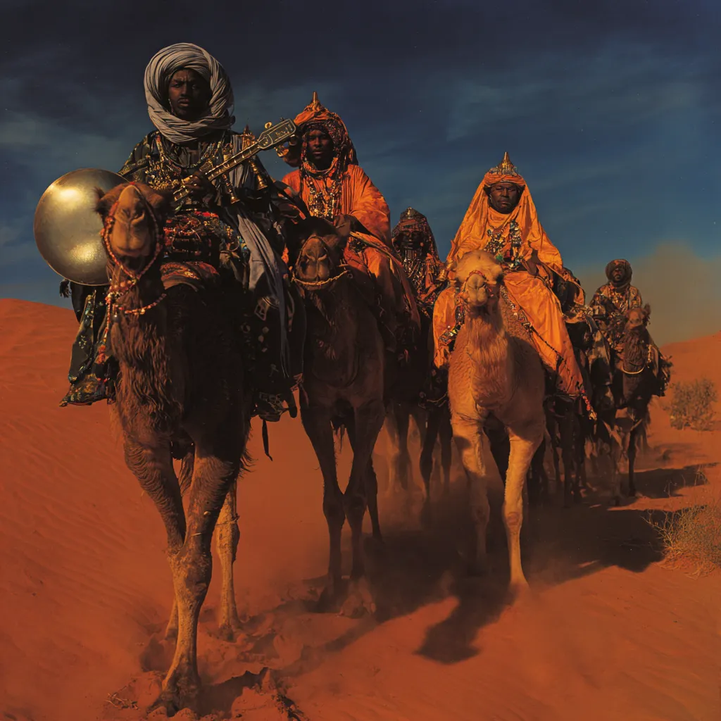 Grupo de personas con túnicas anaranjadas y turbantes montadas en camellos, cruzando dunas de arena roja al atardecer, con un objeto redondo y metálico atado a la montura del primer camello.
