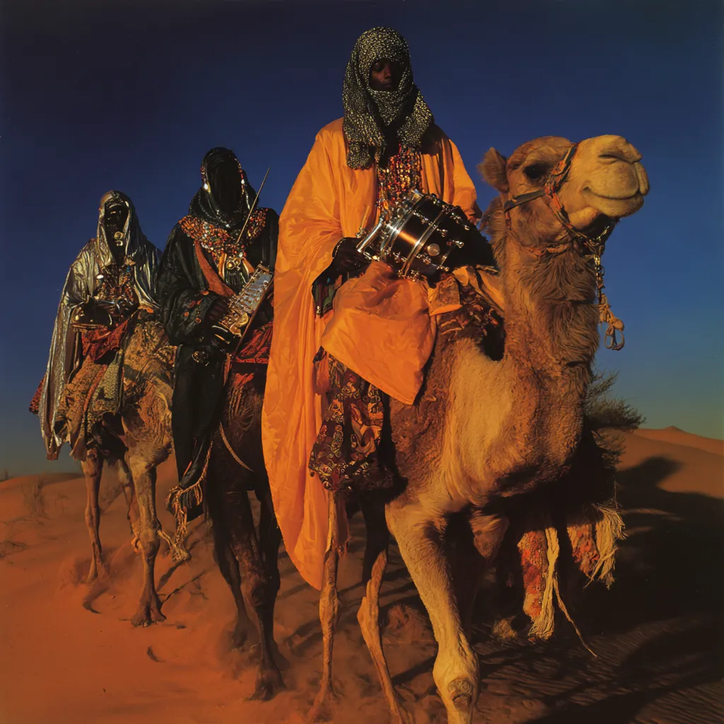 Tres jinetes con turbantes y túnicas oscuras y anaranjadas montados en camellos sobre dunas de arena, con un objeto redondo atado a la montura del primero, bajo un cielo azul oscuro al atardecer.