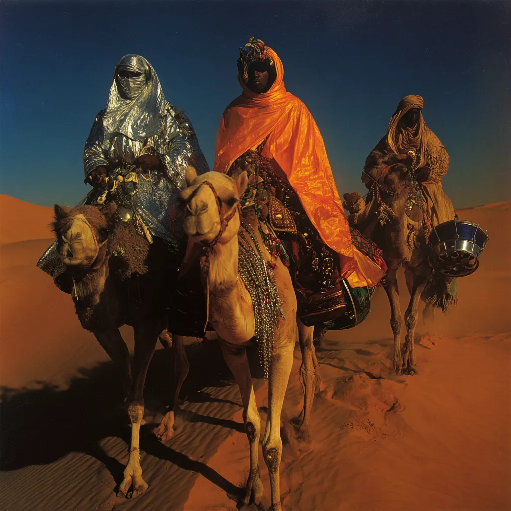 Tres jinetes envueltos en telas plateada, naranja y bordada cabalgan camellos adornados con cuentas sobre dunas doradas, bajo un cielo azul oscuro al atardecer.