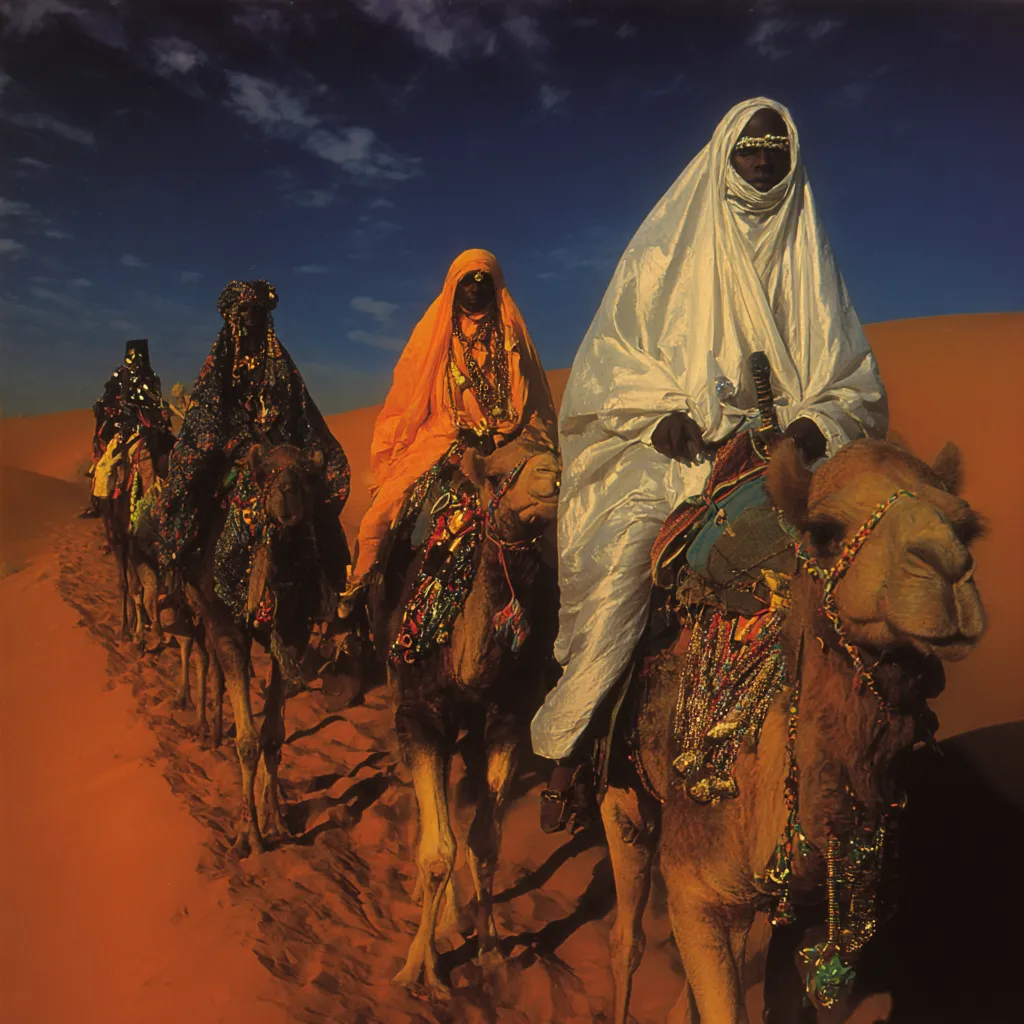 Una fila de camellos con jinetes cubiertos de telas blanca y naranja avanza por dunas doradas bajo un cielo azul con nubes, con arneses de cuentas de colores.