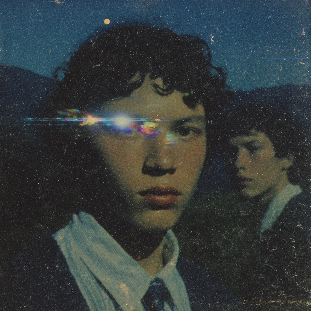 Retrato nocturno granulado de un joven de cabello oscuro y rizado con un destello de luz de colores cruzándole los ojos, con una segunda persona en sombra detrás, bajo un cielo con una estrella.