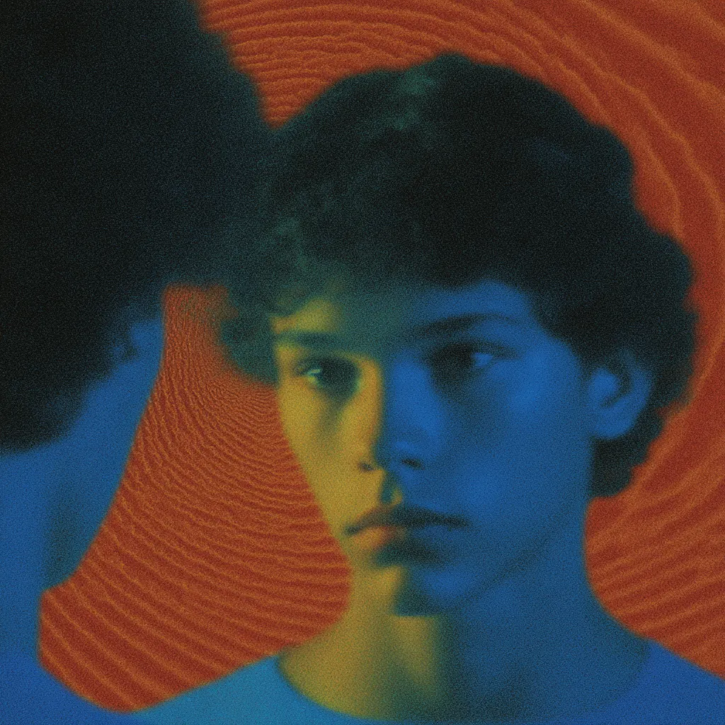 Retrato de doble exposición de un joven de cabello rizado en tonos azul y amarillo, con un segundo perfil superpuesto a la izquierda, sobre un fondo de círculos concéntricos naranjas.