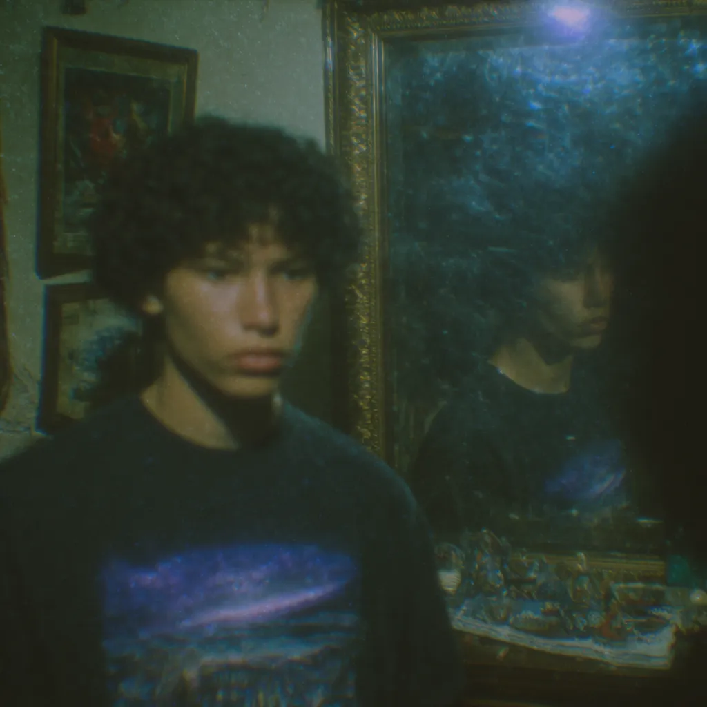 Joven de cabello oscuro y rizado de pie en una habitación en penumbra con luz azul verdosa, frente a un espejo de marco dorado que refleja su espalda, con cuadros colgados en la pared.