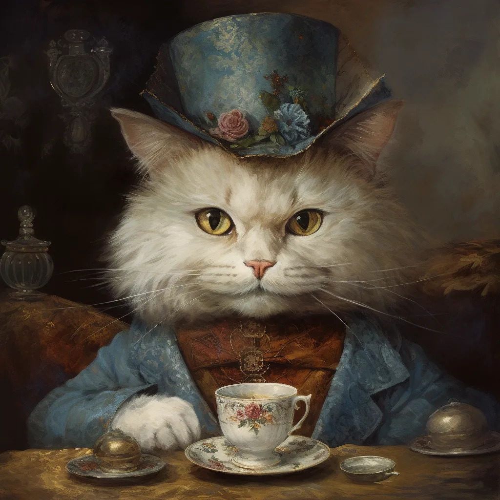 Pintura al óleo de un gato blanco antropomorfizado con sombrero de copa floreado y saco azul, sentado a una mesa con una taza de té de porcelana y un plato con tapa plateada.