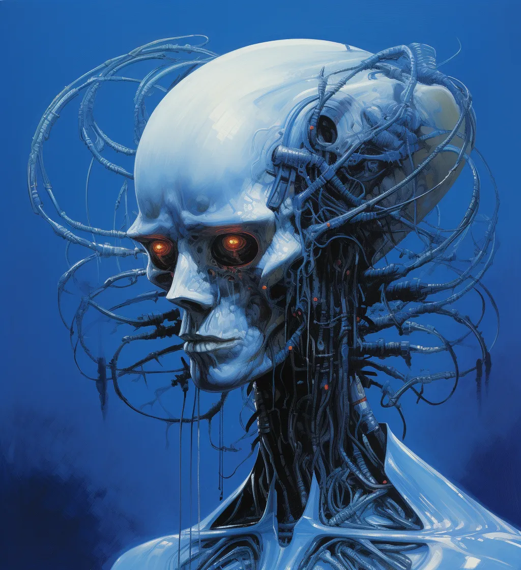 Pintura de una criatura biomecánica con cráneo blanco, cables saliendo de la cabeza y cuencas de los ojos con luz naranja brillante, sobre fondo azul oscuro.