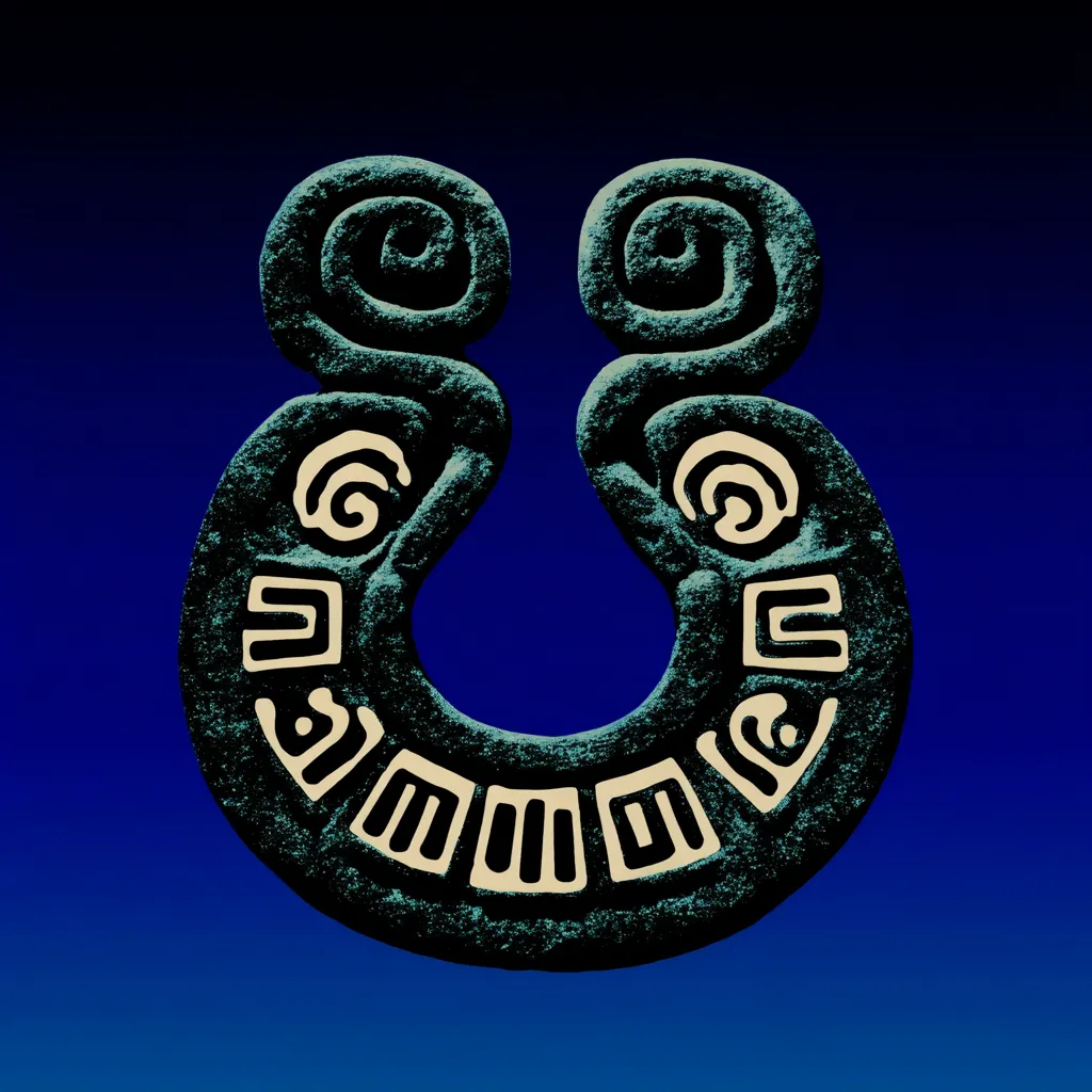 Amuleto de piedra verde oscura en forma de herradura, con espirales en los extremos y signos geométricos color hueso incrustados, sobre fondo azul.