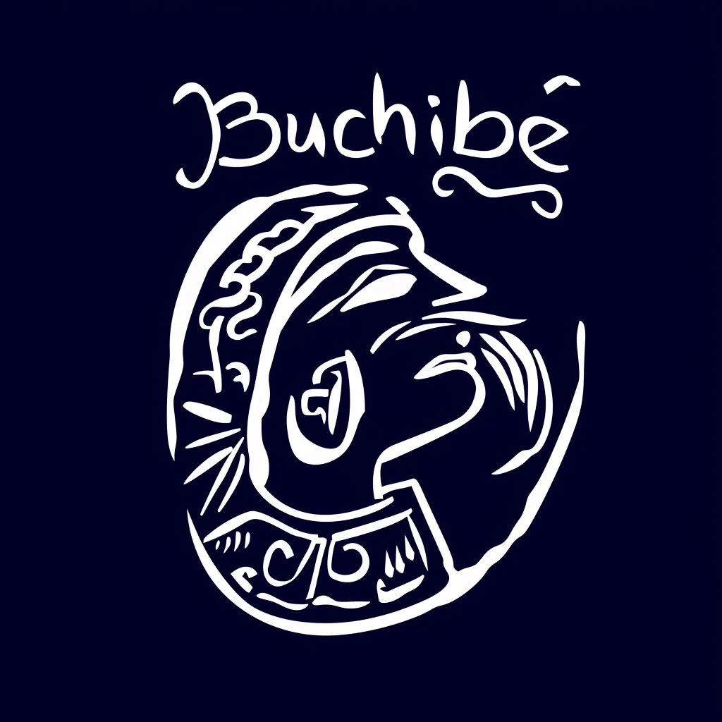 Logotipo con el texto 'Buchibé' en letras blancas manuscritas y, debajo, la ilustración en línea blanca del perfil de un rostro con tocado de plumas, sobre fondo azul marino.
