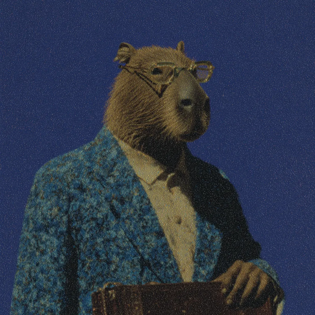 Retrato de un capibara con cuerpo humano vestido con saco floreado turquesa, camisa blanca y gafas redondas, sosteniendo un maletín oscuro, sobre fondo azul liso.