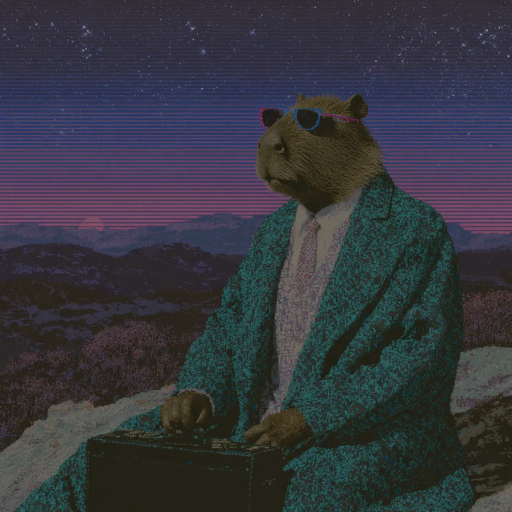 Capibara con cuerpo humano vestido con saco verde azulado y gafas de sol, sentado sobre una roca frente a montañas nocturnas con franjas horizontales rosadas y moradas, sosteniendo un maletín.