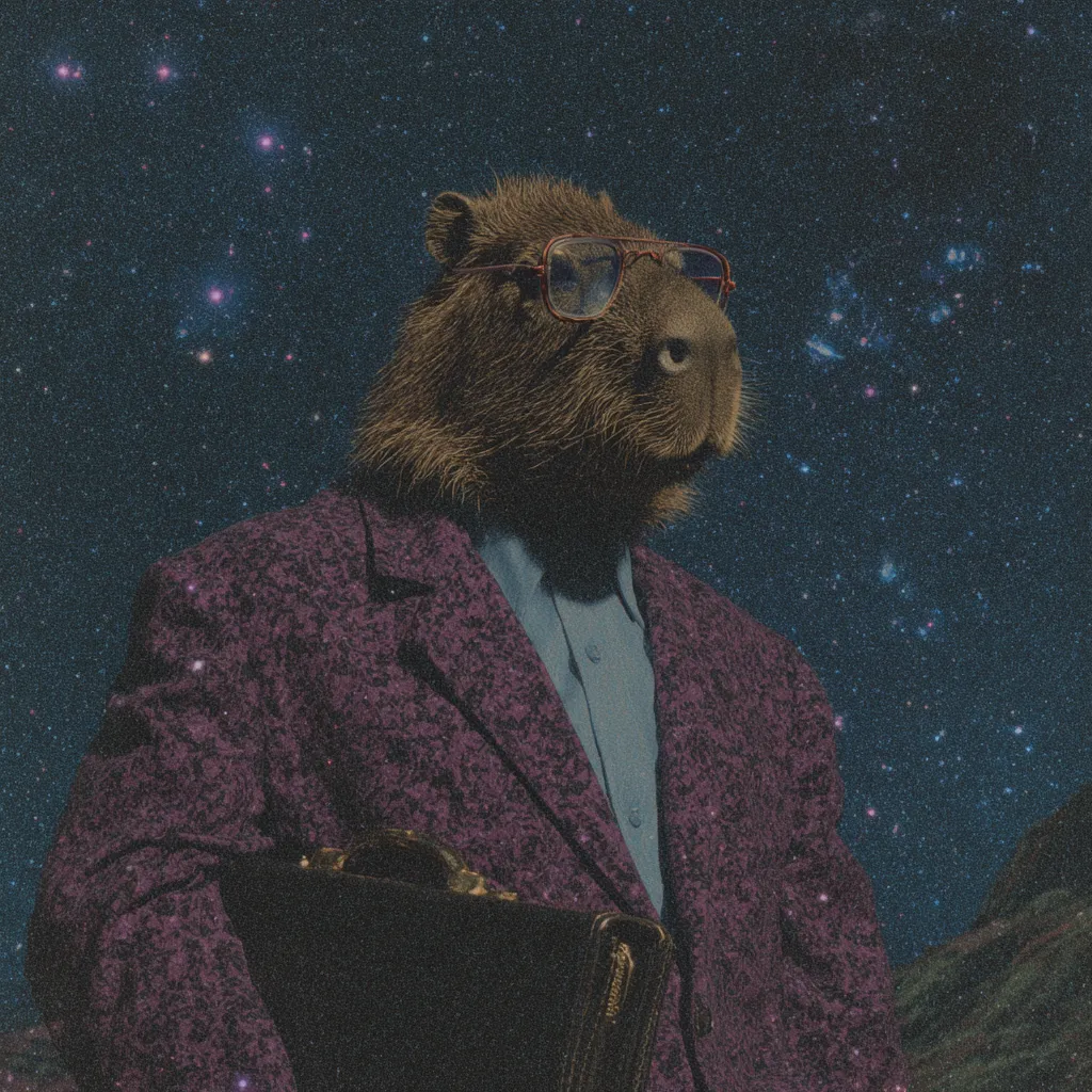Capibara con cuerpo humano vestido con blazer color vino y gafas de montura roja, de pie frente a un cielo nocturno con estrellas dispersas, sosteniendo un maletín oscuro.