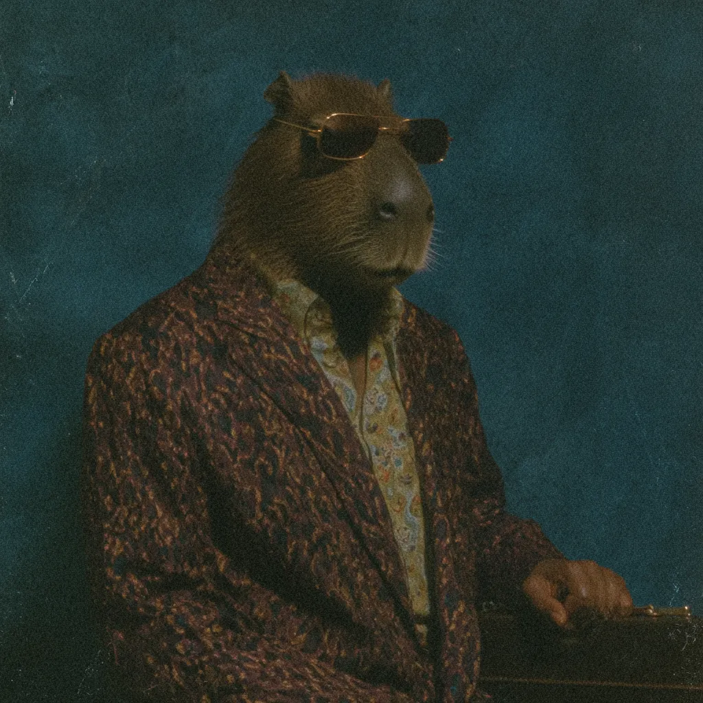 Capibara con cuerpo humano vestido con blazer estampado morado y camisa con dibujos, gafas de sol, sentado con una mano apoyada sobre una superficie oscura, fondo verde azulado.