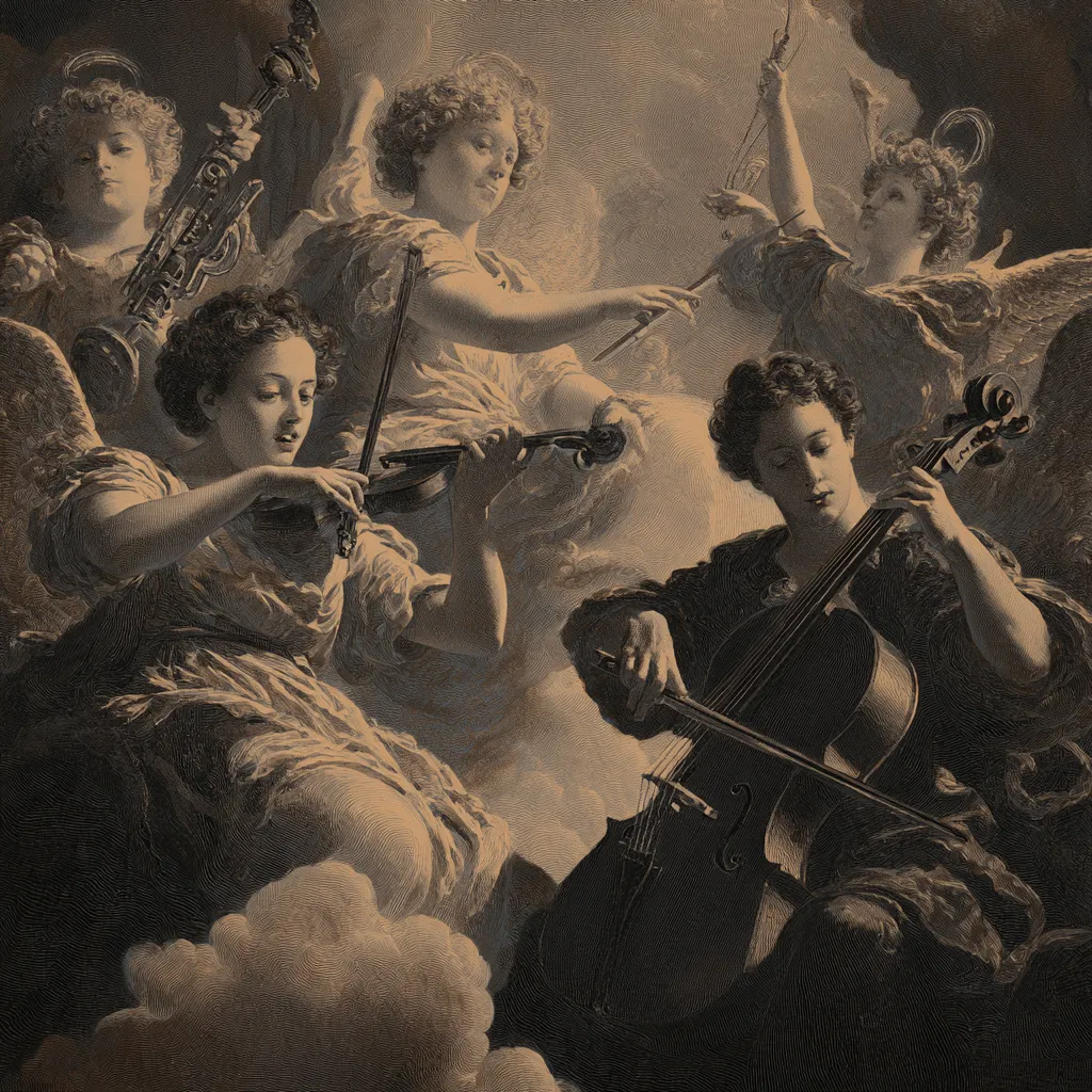 Pintura clásica en tonos sepia de varios ángeles con alas tocando violín, violonchelo y un instrumento de viento entre nubes.