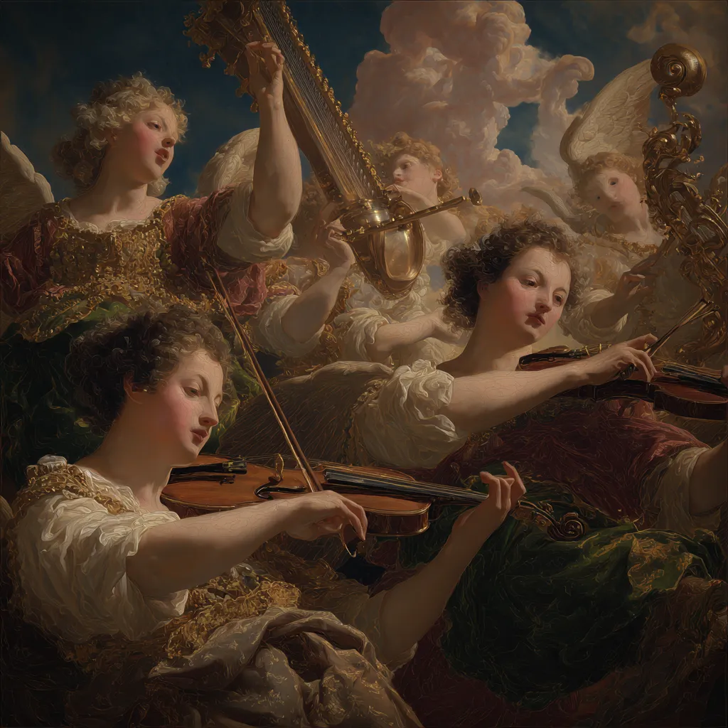 Pintura clásica de ángeles alados tocando violín, un arpa dorada y un instrumento de viento entre nubes, en tonos dorados y rojizos con un fragmento de cielo azul.