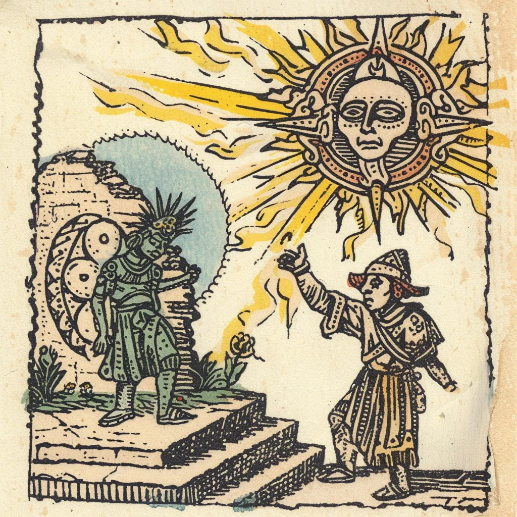 Grabado coloreado a mano de dos figuras en un templo escalonado, una con tocado de plumas y otra señalando un gran sol con rostro humano en el cielo.