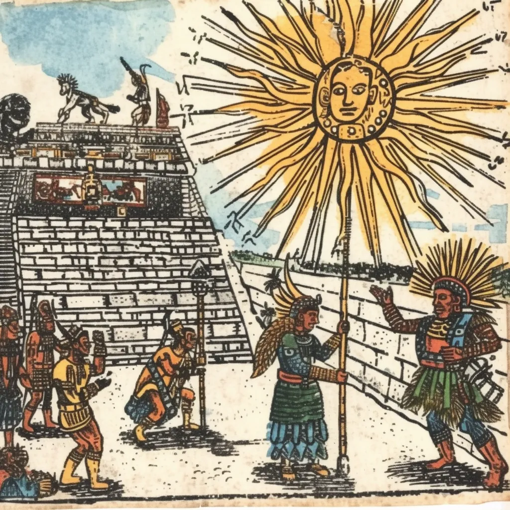Grabado coloreado a mano de un templo escalonado con varias figuras con tocados de plumas frente a un gran sol con rostro humano en el cielo, en tonos amarillo, azul y rojo.