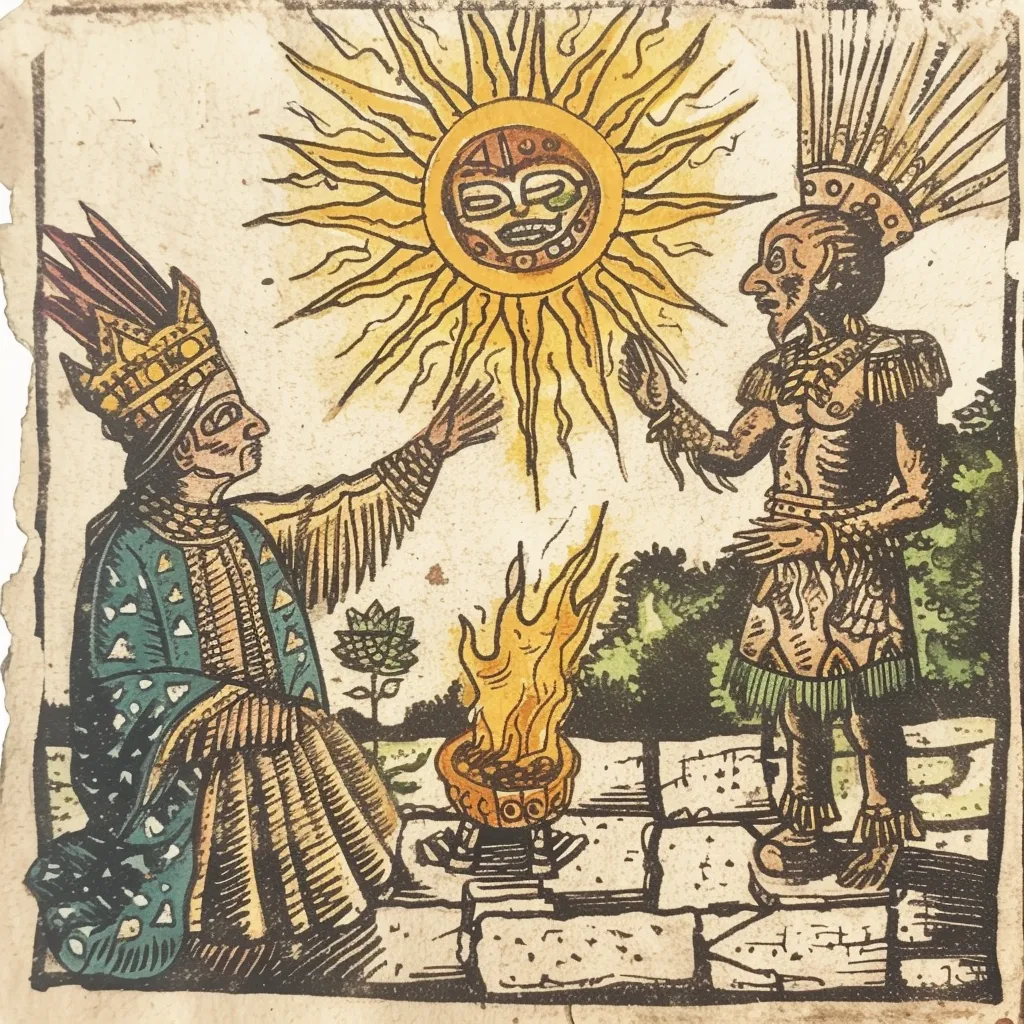 Grabado coloreado a mano de dos figuras, una con corona y vestido verde y otra con tocado de plumas, de pie junto a un brasero con fuego, bajo un gran sol con rostro humano.