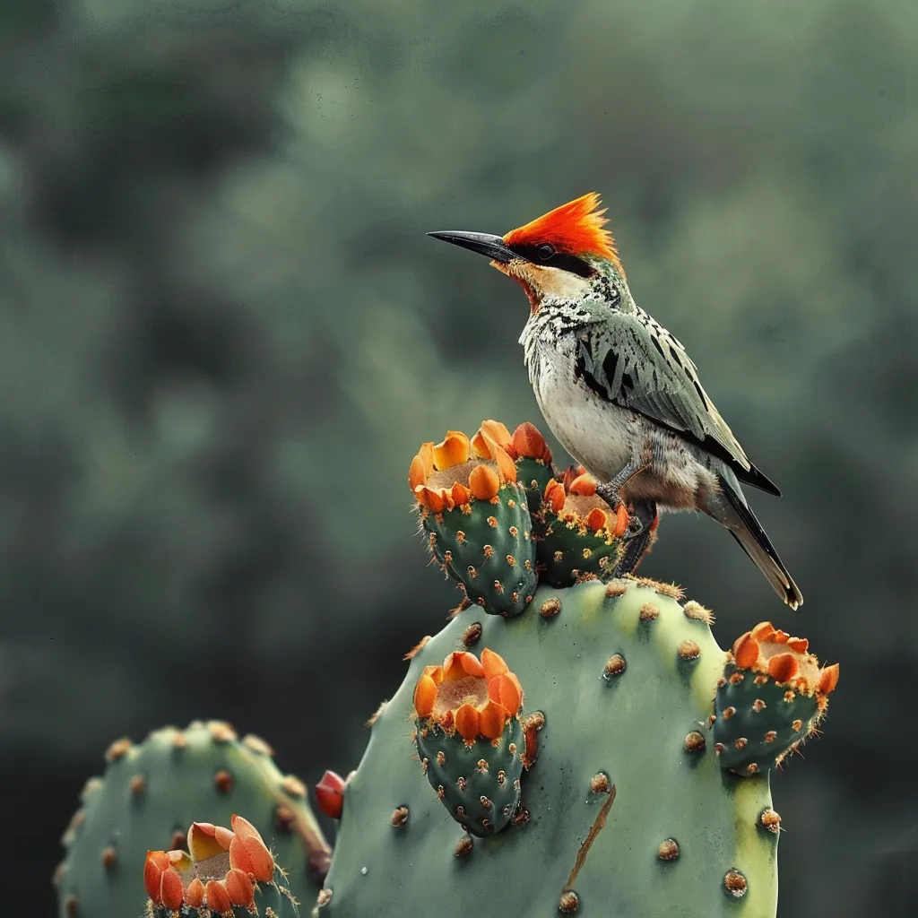 Fotografía de un ave con cresta roja y anaranjada, pecho moteado y pico oscuro, posada sobre un nopal con flores anaranjadas, con fondo verde desenfocado.