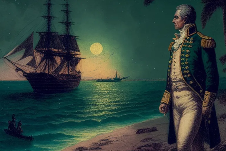 Ilustración de un hombre con uniforme militar oscuro de pie en una playa tropical de noche, mirando hacia un barco de vela con tres mástiles sobre el mar iluminado por la luna llena, con palmeras alrededor.