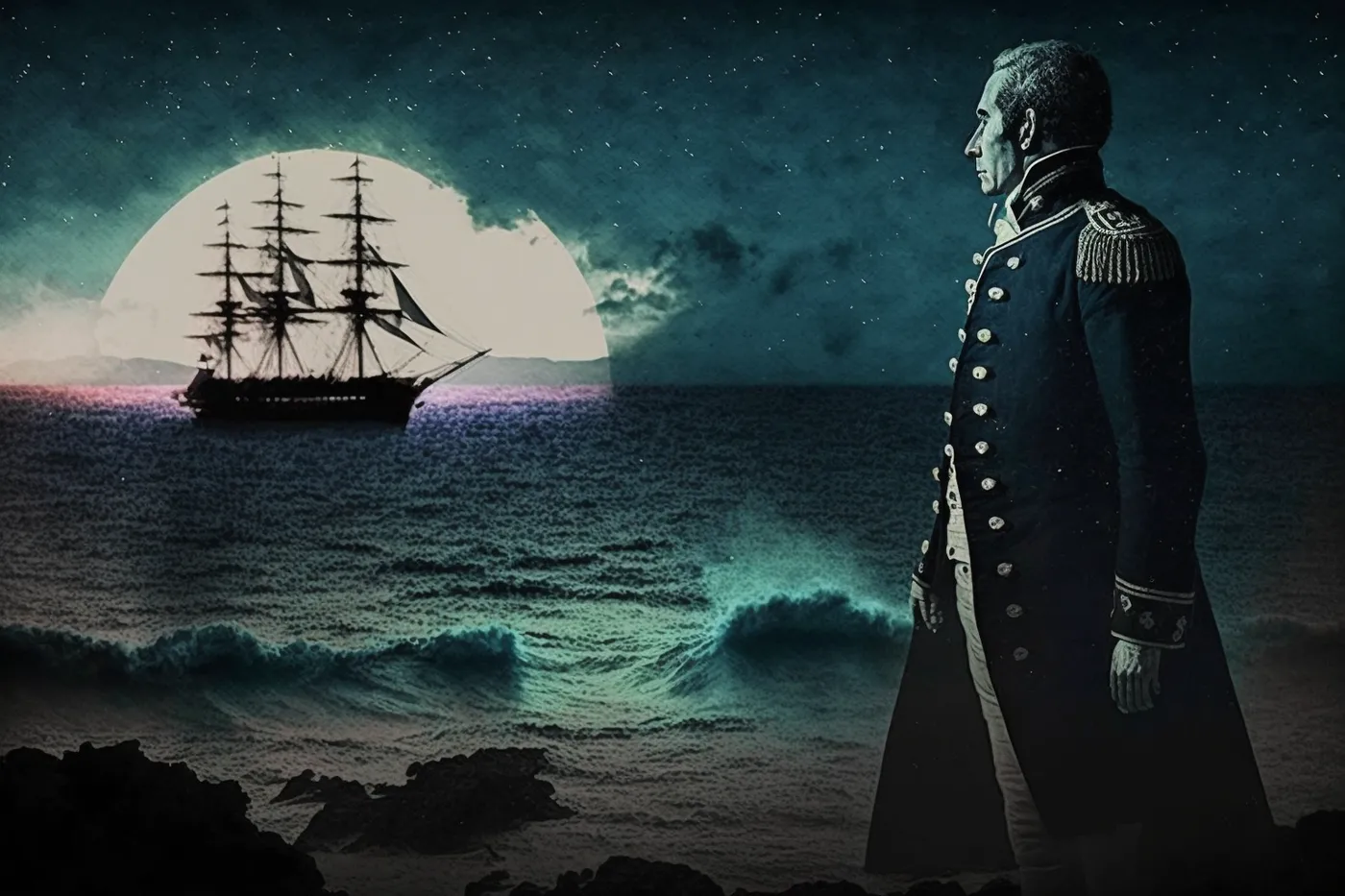 Ilustración de un hombre con uniforme militar oscuro visto de perfil en una costa rocosa de noche, con un barco de vela de tres mástiles sobre el mar bajo una luna llena y cielo estrellado.